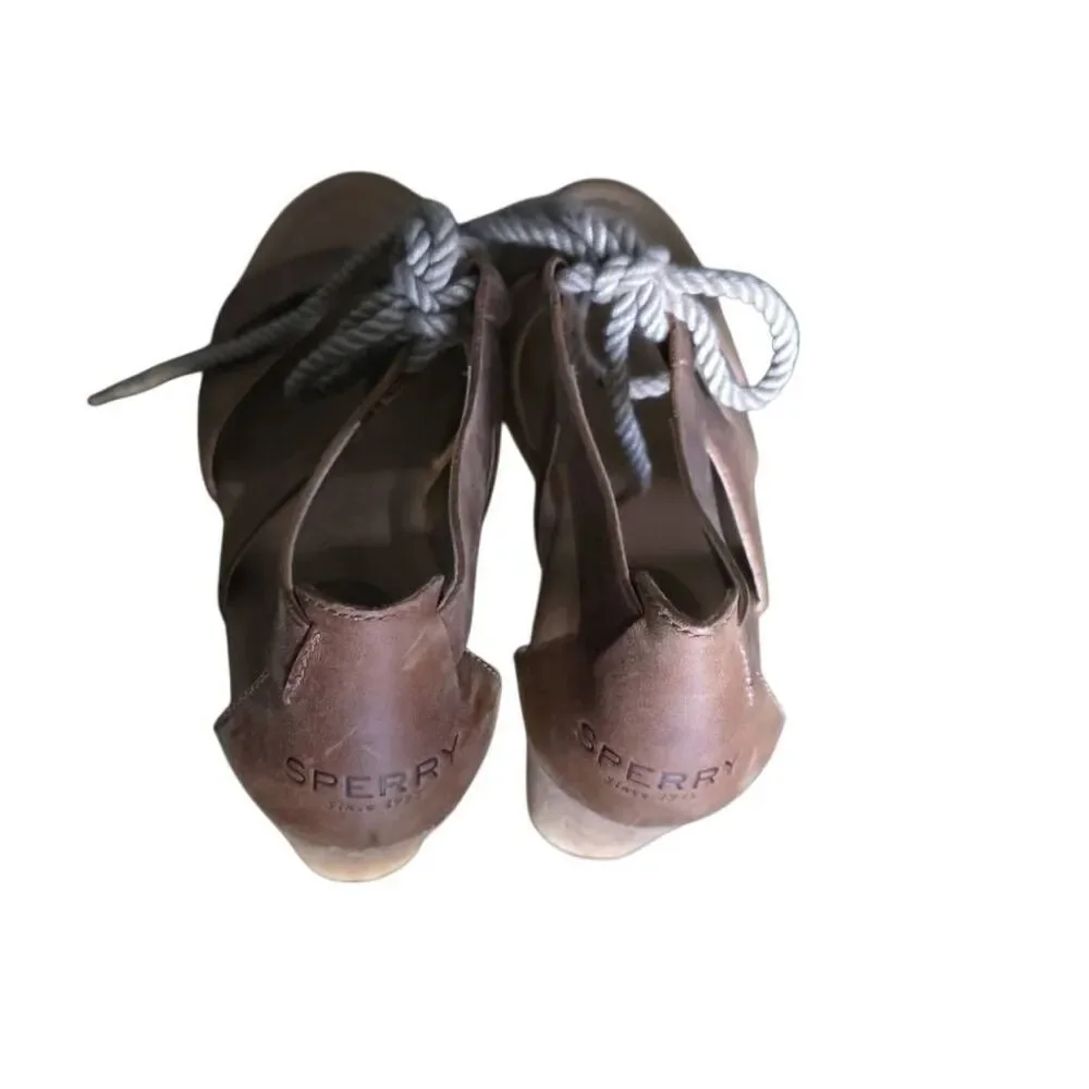 Sperry Women's Size 6.5 Tan Leather Cork Rope Tie Wedges